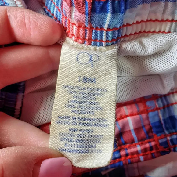 OP Baby Boy Board Shorts Swim Trunks Blue Red White Plaid Size 18m NWOT - Picture 2 of 10